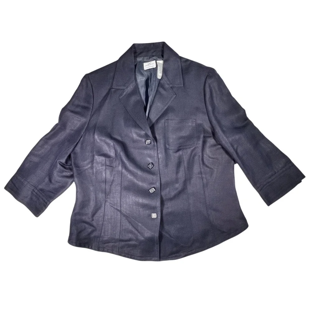Emma James Linen Blend Blazer Women 16 Navy Blue Herringbone Professional Jacket